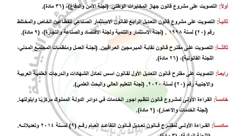 يتضمن قانون تعديل التقاعد.. البرلمان ينشر جدول أعماله ليوم غدا الاربعاء